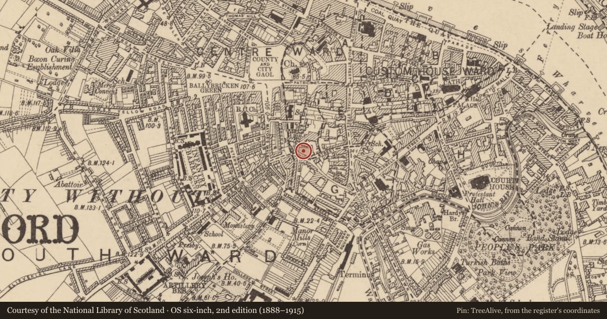 Ordnance Survey six-inch map, 2nd edition (1888–1915) covering the location of Graveyard, Waterford City, County Waterford, with a pin at the register's coordinates