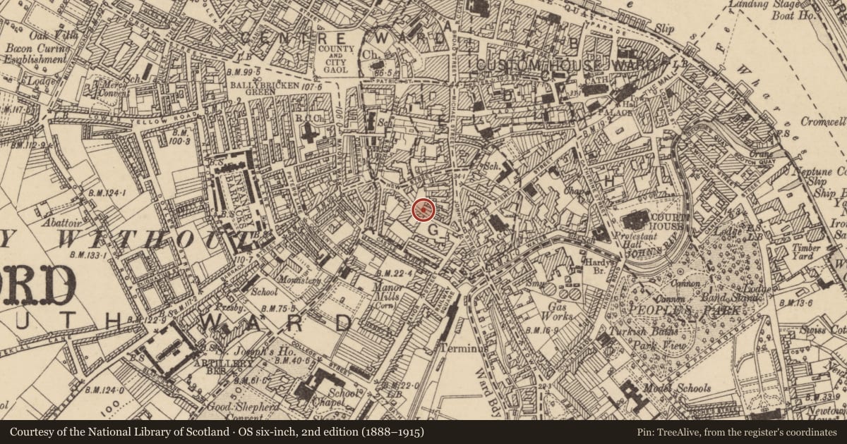 Ordnance Survey six-inch map, 2nd edition (1888–1915) covering the location of Burial ground, Waterford City, County Waterford, with a pin at the register's coordinates