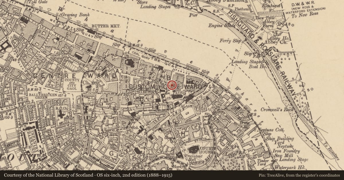 Ordnance Survey six-inch map, 2nd edition (1888–1915) covering the location of House - medieval, Waterford City, County Waterford, with a pin at the register's coordinates