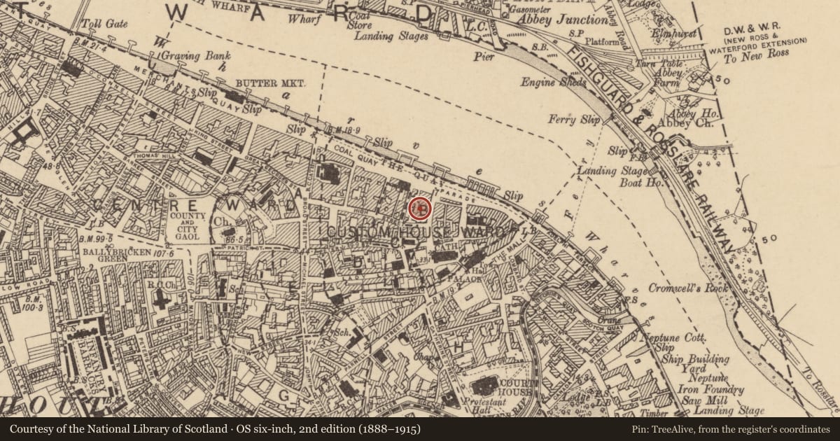 Ordnance Survey six-inch map, 2nd edition (1888–1915) covering the location of Building, Waterford City, County Waterford, with a pin at the register's coordinates
