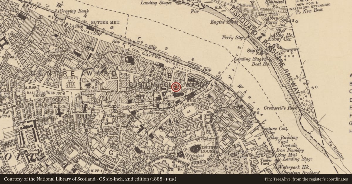 Ordnance Survey six-inch map, 2nd edition (1888–1915) covering the location of House - 17th century, Waterford City, County Waterford, with a pin at the register's coordinates