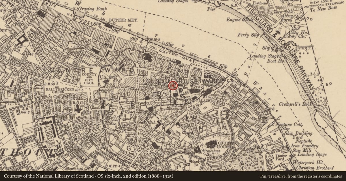 Ordnance Survey six-inch map, 2nd edition (1888–1915) covering the location of Battlefield, Waterford City, County Waterford, with a pin at the register's coordinates