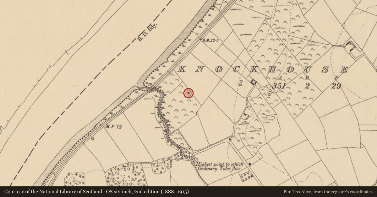 Ordnance Survey six-inch map, 2nd edition (1888–1915) covering the location of Fulacht fia, Knockhouse Upper, County Waterford, with a pin at the register's coordinates