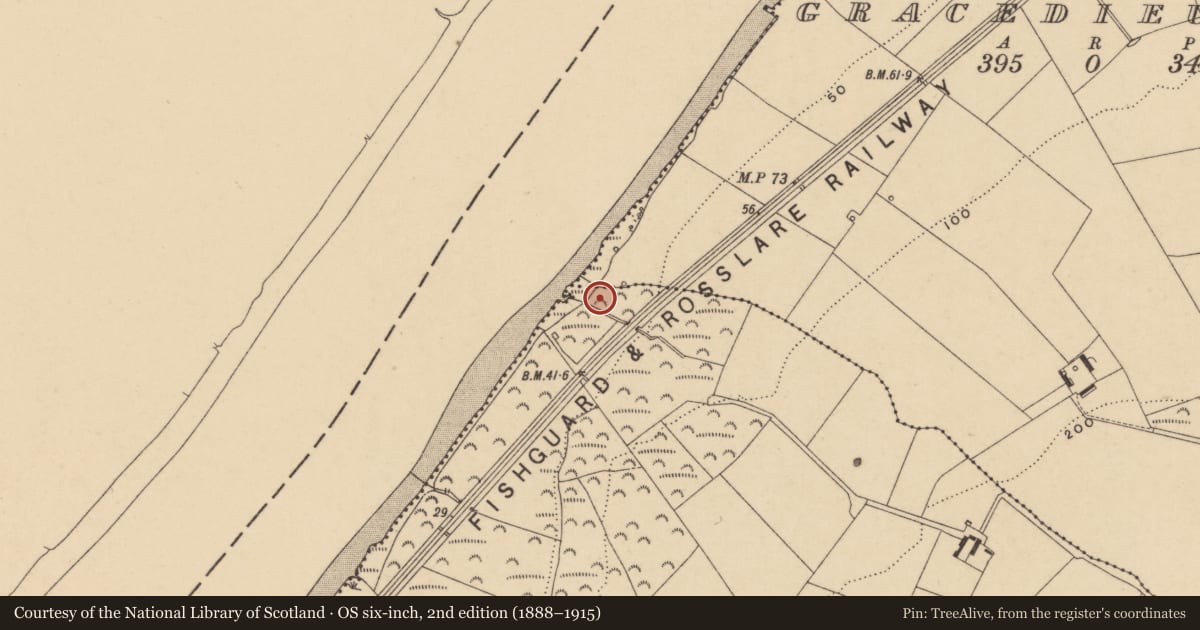 Ordnance Survey six-inch map, 2nd edition (1888–1915) covering the location of Fulacht fia, Knockhouse Upper, County Waterford, with a pin at the register's coordinates