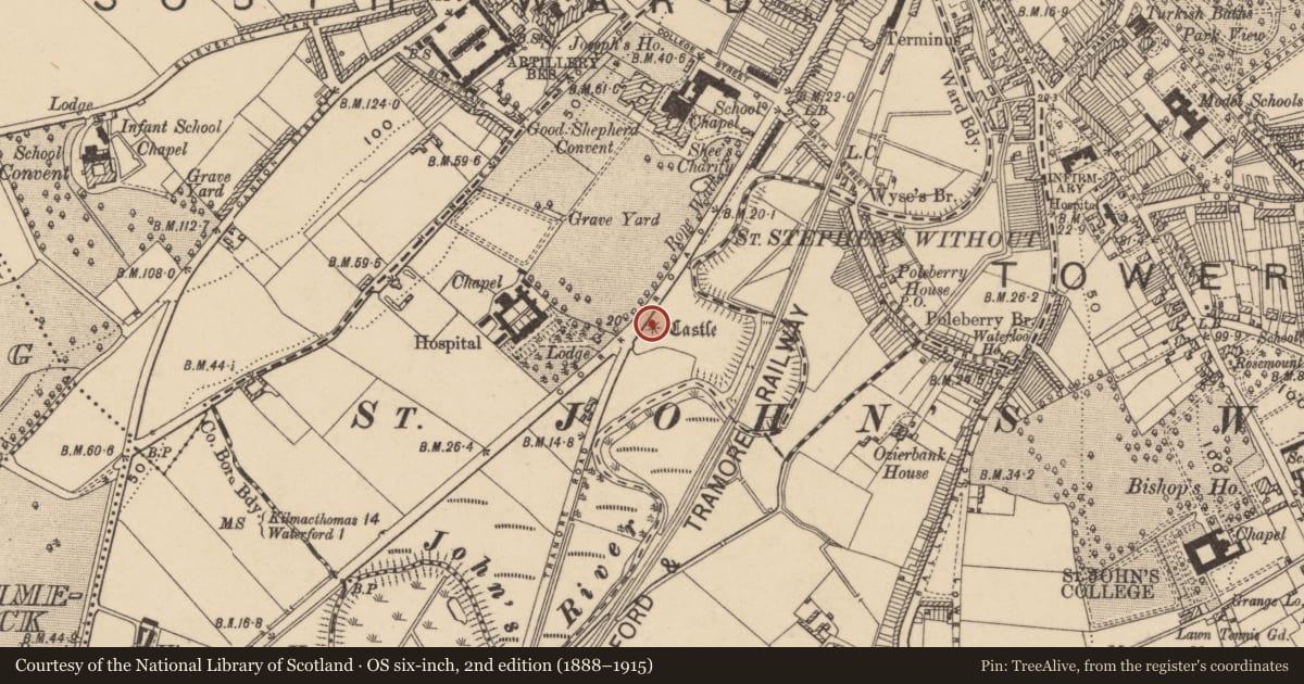 Ordnance Survey six-inch map, 2nd edition (1888–1915) covering the location of Windmill, Ballytruckle, County Waterford, with a pin at the register's coordinates