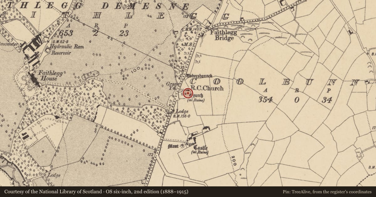 Ordnance Survey six-inch map, 2nd edition (1888–1915) covering the location of Church, Coolbunnia, County Waterford, with a pin at the register's coordinates