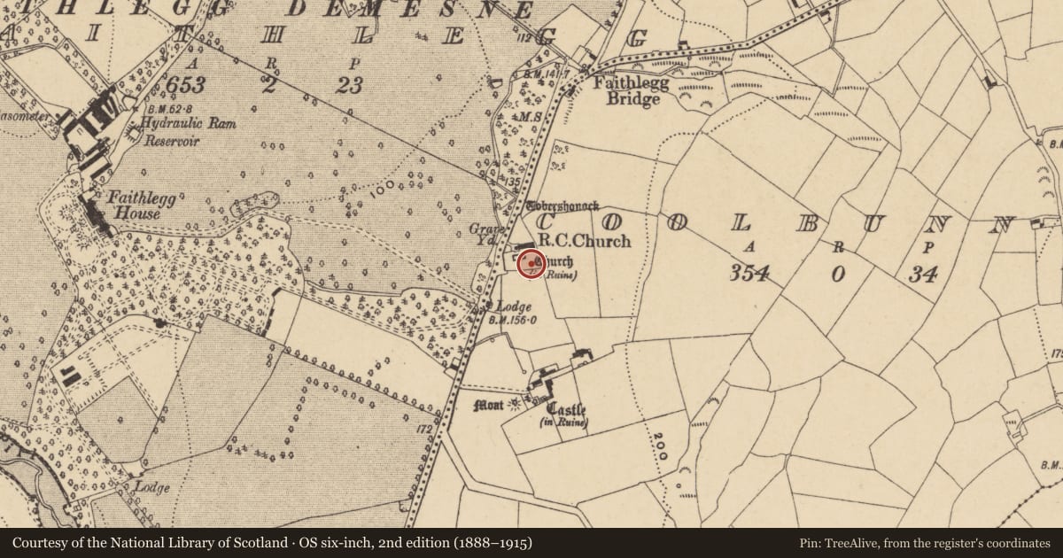Ordnance Survey six-inch map, 2nd edition (1888–1915) covering the location of Graveyard, Coolbunnia, County Waterford, with a pin at the register's coordinates