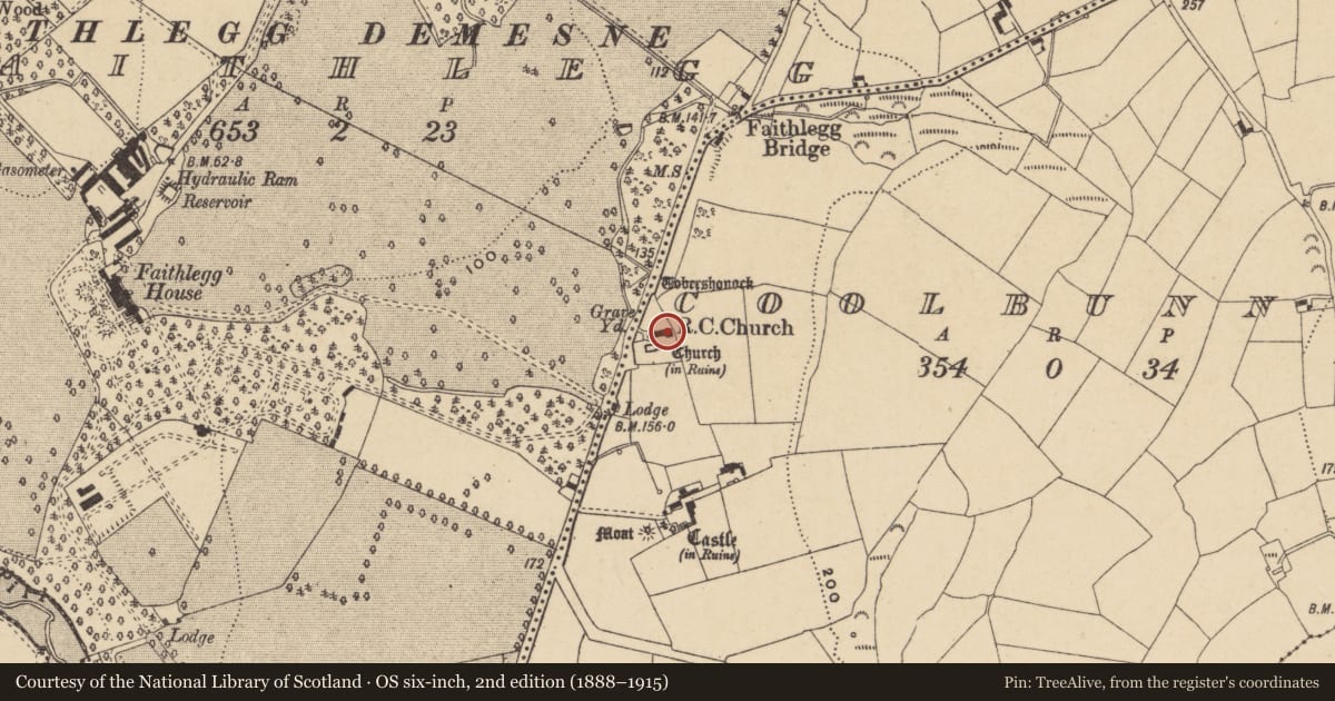 Ordnance Survey six-inch map, 2nd edition (1888–1915) covering the location of Font, Coolbunnia, County Waterford, with a pin at the register's coordinates