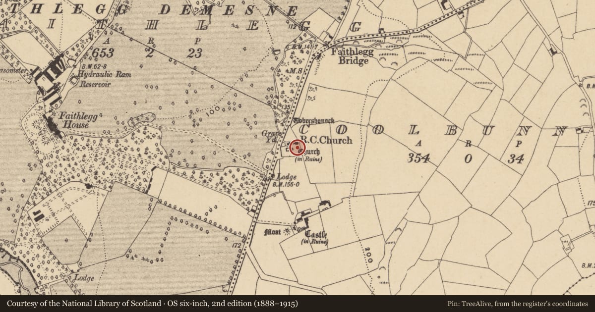 Ordnance Survey six-inch map, 2nd edition (1888–1915) covering the location of Bullaun stone, Coolbunnia, County Waterford, with a pin at the register's coordinates