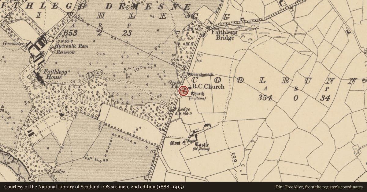 Ordnance Survey six-inch map, 2nd edition (1888–1915) covering the location of Bullaun stone, Coolbunnia, County Waterford, with a pin at the register's coordinates
