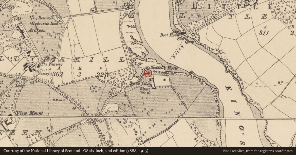 Ordnance Survey six-inch map, 2nd edition (1888–1915) covering the location of Castle - tower house, Ballynakill, County Waterford, with a pin at the register's coordinates