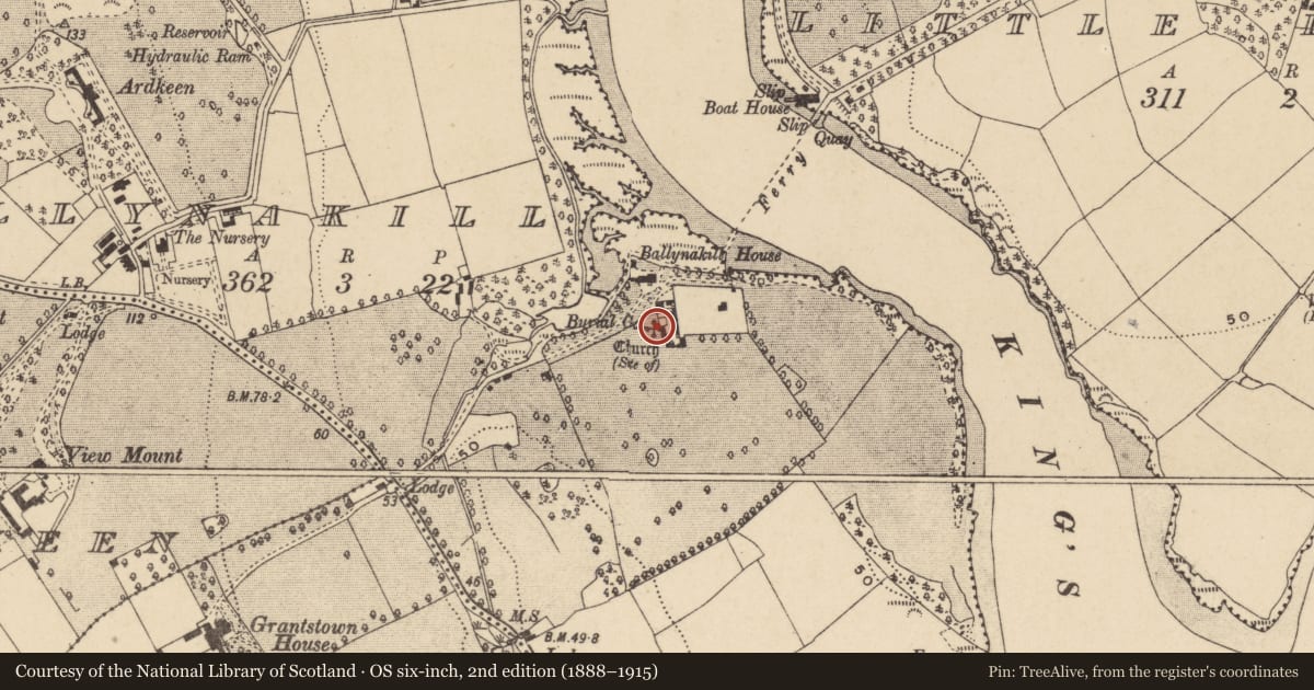 Ordnance Survey six-inch map, 2nd edition (1888–1915) covering the location of Church, Ballynakill, County Waterford, with a pin at the register's coordinates