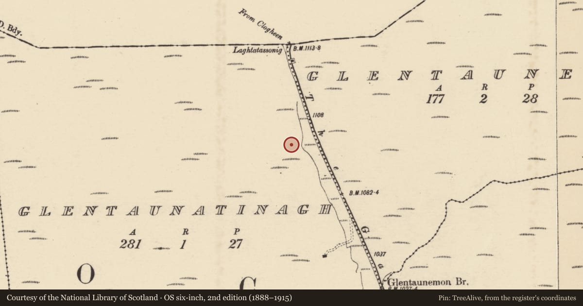 Ordnance Survey six-inch map, 2nd edition (1888–1915) covering the location of Pill-box, Glentaunatinagh, County Waterford, with a pin at the register's coordinates