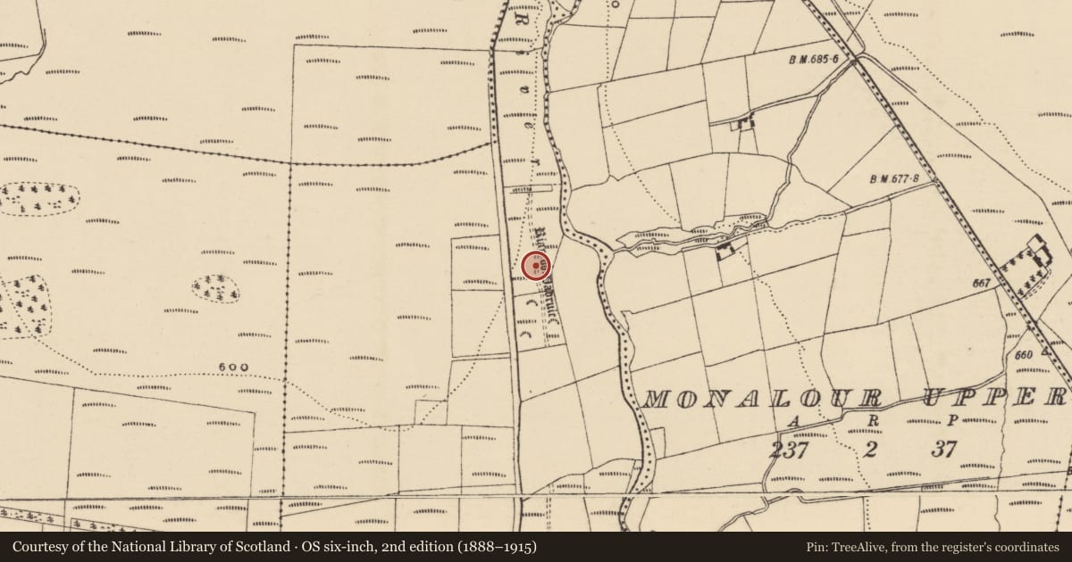 Ordnance Survey six-inch map, 2nd edition (1888–1915) covering the location of Road - road/trackway, Knockaungarriff, County Waterford, with a pin at the register's coordinates