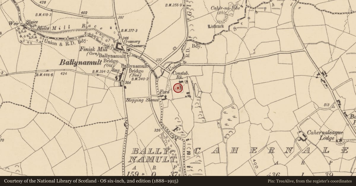 Ordnance Survey six-inch map, 2nd edition (1888–1915) covering the location of Barracks, Cahernaleague, County Waterford, with a pin at the register's coordinates