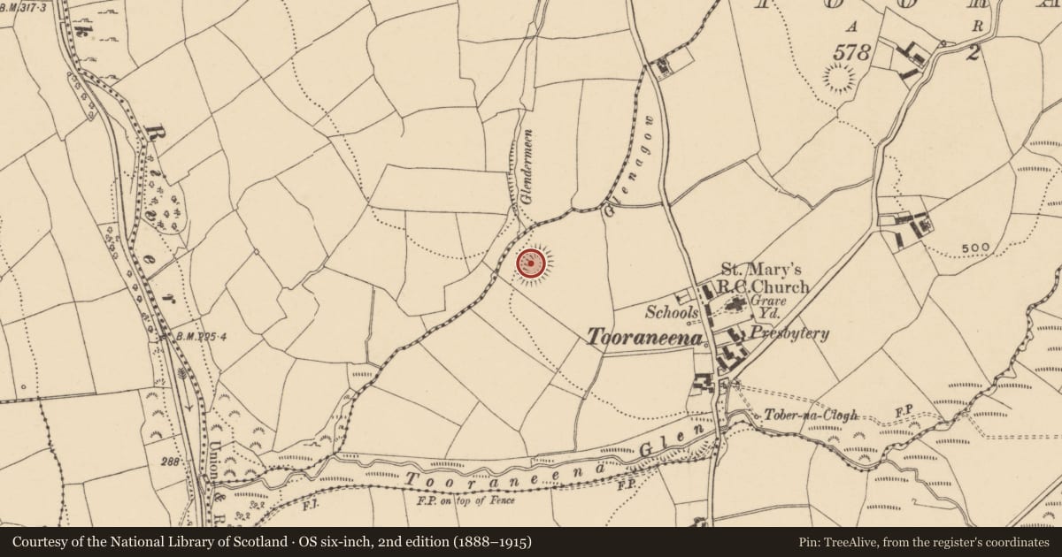 Ordnance Survey six-inch map, 2nd edition (1888–1915) covering the location of Ringfort - rath, Tooraneena, County Waterford, with a pin at the register's coordinates