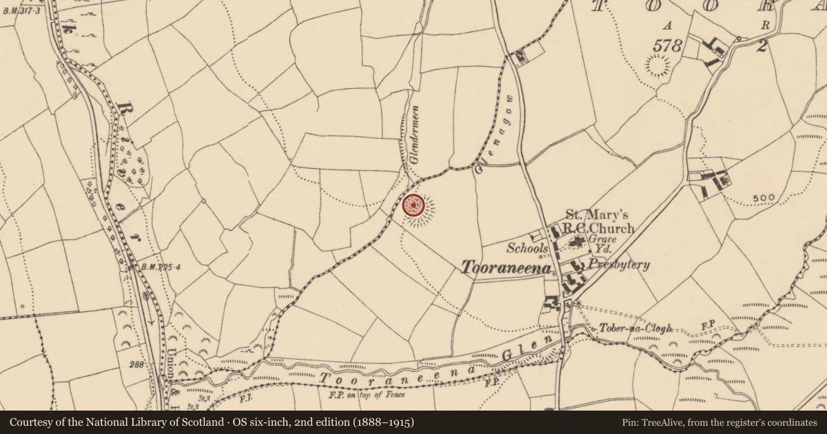 Ordnance Survey six-inch map, 2nd edition (1888–1915) covering the location of Souterrain, Tooraneena, County Waterford, with a pin at the register's coordinates