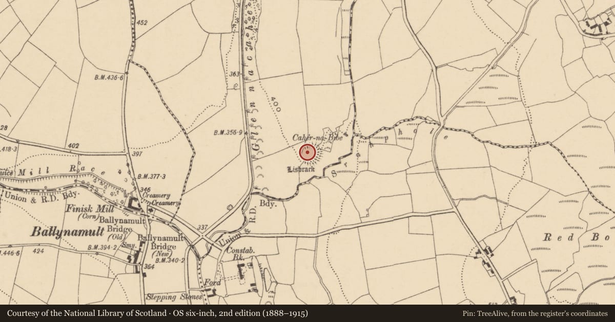 Ordnance Survey six-inch map, 2nd edition (1888–1915) covering the location of Ringfort - rath, Caherbrack, County Waterford, with a pin at the register's coordinates