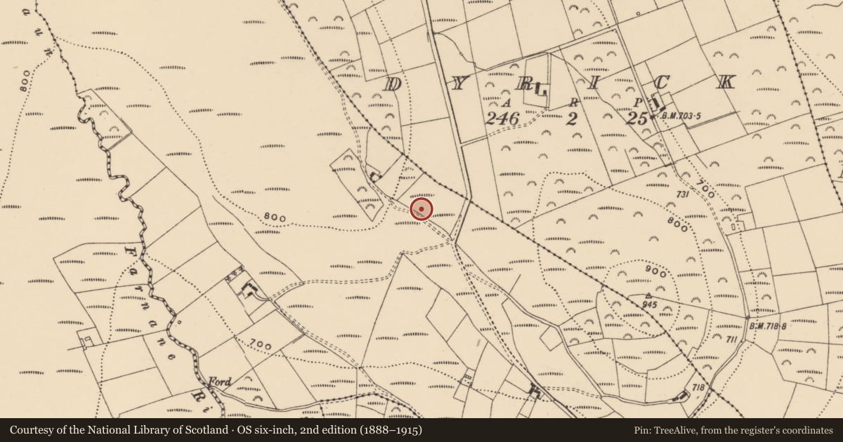 Ordnance Survey six-inch map, 2nd edition (1888–1915) covering the location of Standing stone, Broemountain (Decies without Drum By., Lickoran Par.), County Waterford, with a pin at the register's coordinates