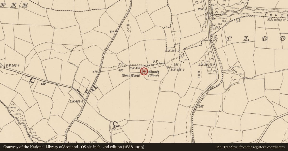 Ordnance Survey six-inch map, 2nd edition (1888–1915) covering the location of Church, Ballynaguilkee Lower, County Waterford, with a pin at the register's coordinates