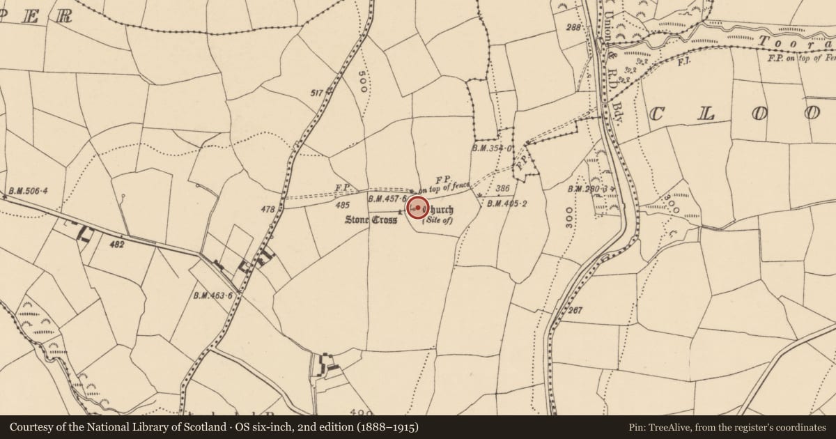 Ordnance Survey six-inch map, 2nd edition (1888–1915) covering the location of Ecclesiastical enclosure, Ballynaguilkee Lower, County Waterford, with a pin at the register's coordinates