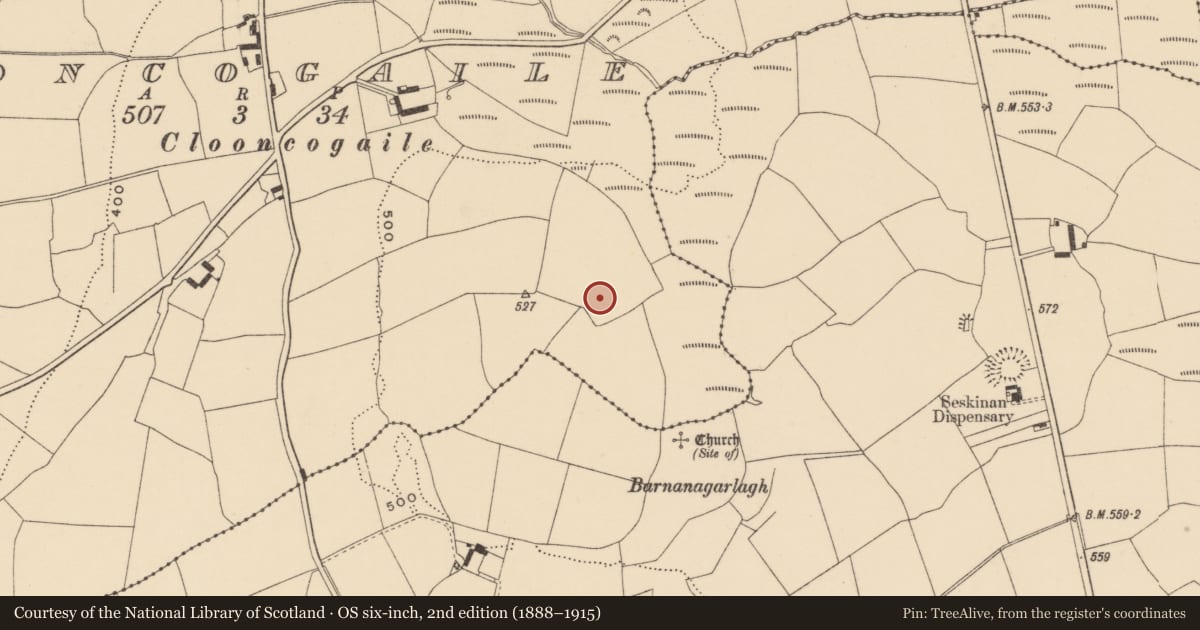 Ordnance Survey six-inch map, 2nd edition (1888–1915) covering the location of Enclosure, Clooncogaile, County Waterford, with a pin at the register's coordinates