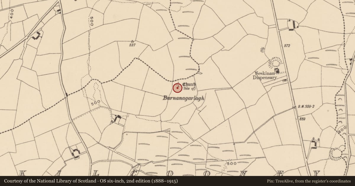 Ordnance Survey six-inch map, 2nd edition (1888–1915) covering the location of Church, Kilcooney, County Waterford, with a pin at the register's coordinates