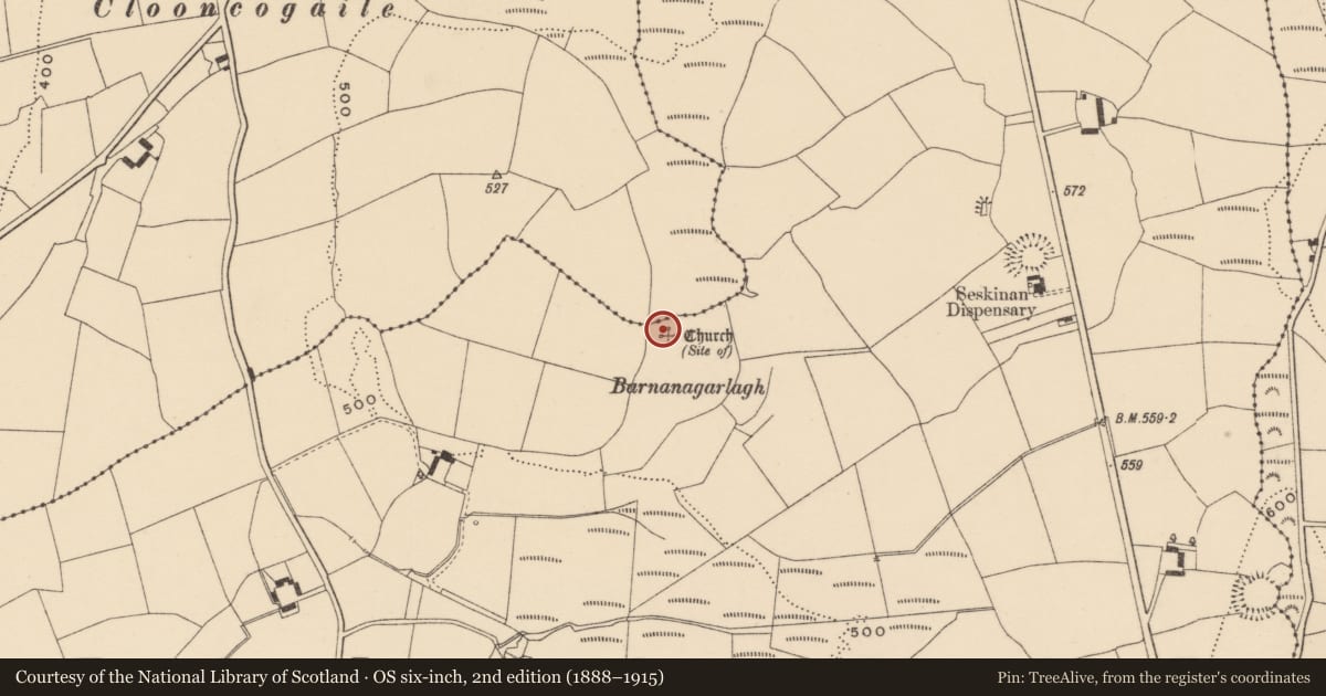 Ordnance Survey six-inch map, 2nd edition (1888–1915) covering the location of Graveyard, Kilcooney, County Waterford, with a pin at the register's coordinates