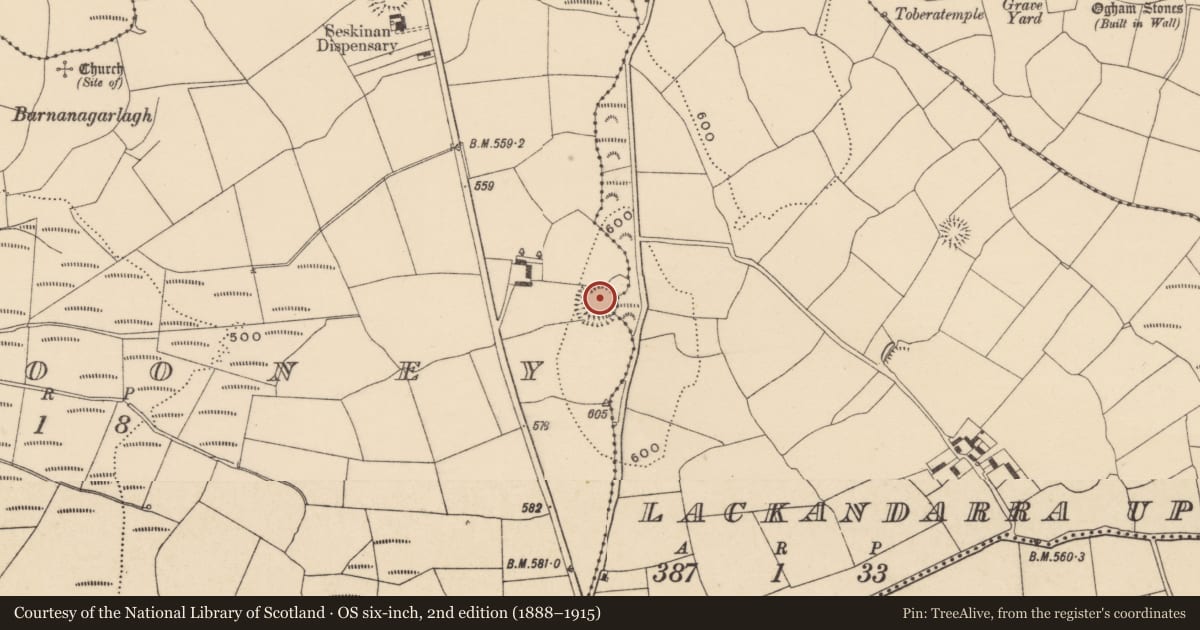 Ordnance Survey six-inch map, 2nd edition (1888–1915) covering the location of Enclosure, Kilcooney, County Waterford, with a pin at the register's coordinates