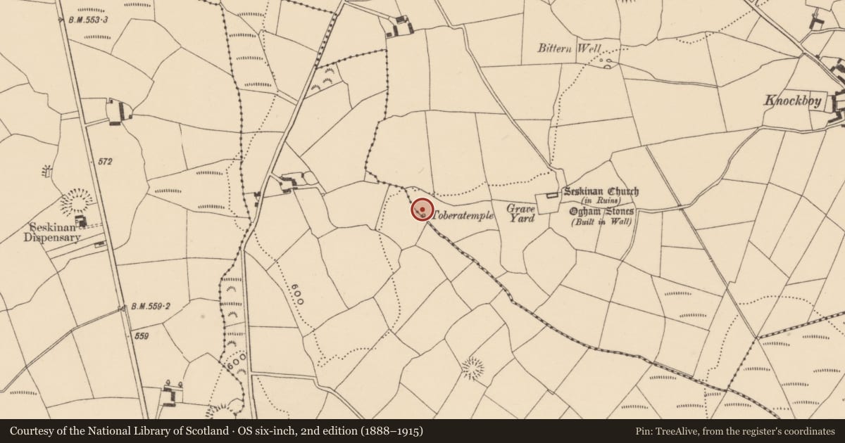 Ordnance Survey six-inch map, 2nd edition (1888–1915) covering the location of Ritual site - holy well, Knockboy (Decies without Drum By., Seskinan Par.), County Waterford, with a pin at the register's coordinates