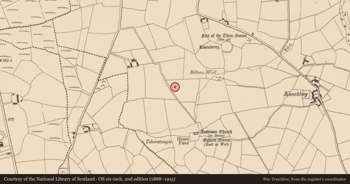 Ordnance Survey six-inch map, 2nd edition (1888–1915) covering the location of Enclosure, Knockboy (Decies without Drum By., Seskinan Par.), County Waterford, with a pin at the register's coordinates