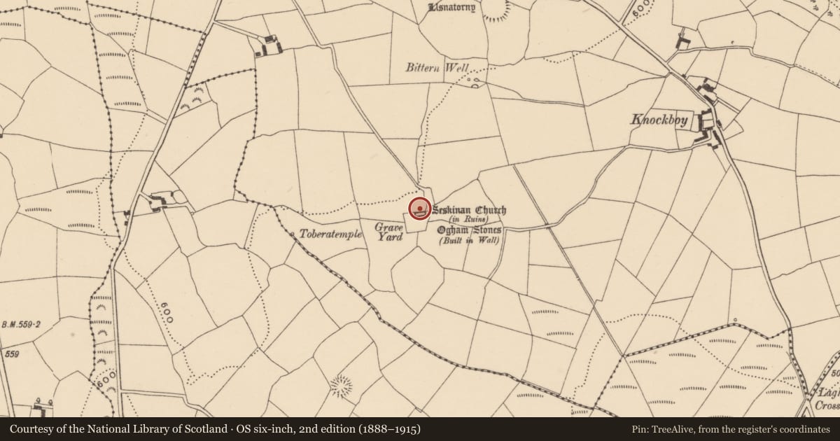 Ordnance Survey six-inch map, 2nd edition (1888–1915) covering the location of Church, Knockboy (Decies without Drum By., Seskinan Par.), County Waterford, with a pin at the register's coordinates
