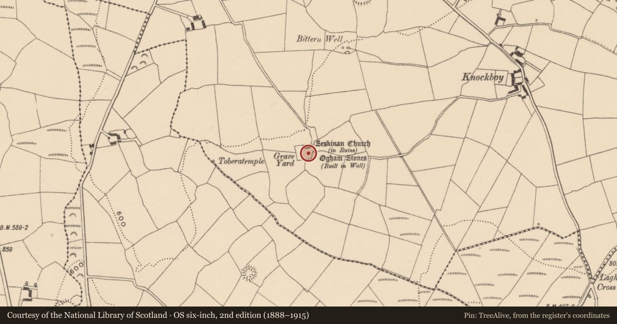 Ordnance Survey six-inch map, 2nd edition (1888–1915) covering the location of Ecclesiastical enclosure, Knockboy (Decies without Drum By., Seskinan Par.), County Waterford, with a pin at the register's coordinates