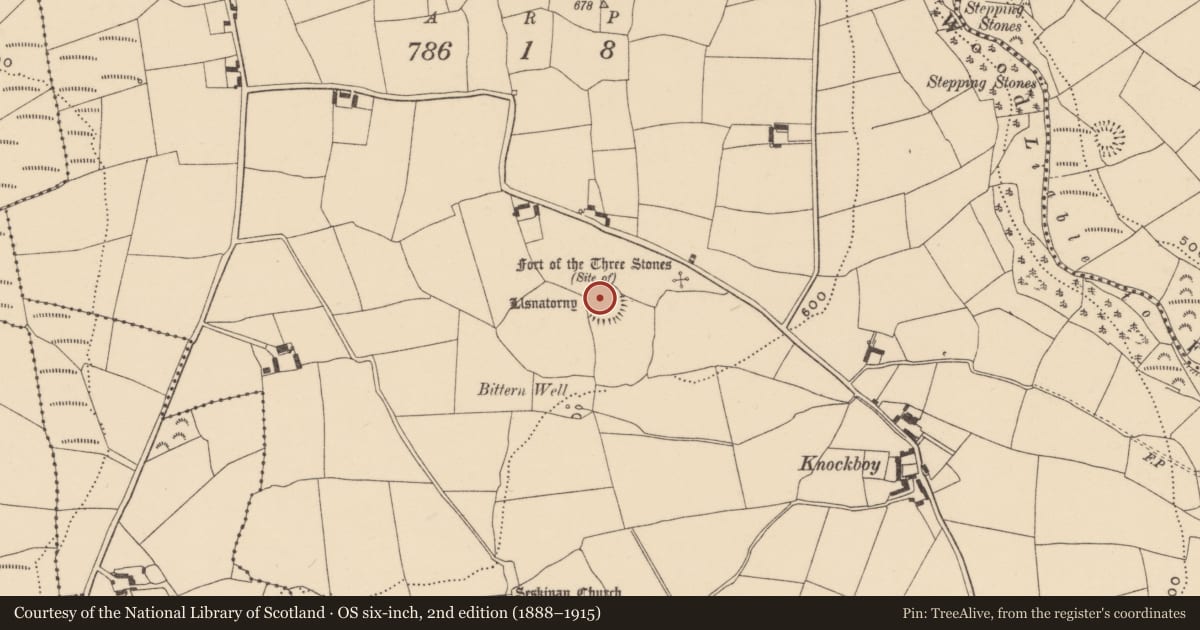 Ordnance Survey six-inch map, 2nd edition (1888–1915) covering the location of Enclosure, Knockboy (Decies without Drum By., Seskinan Par.), County Waterford, with a pin at the register's coordinates