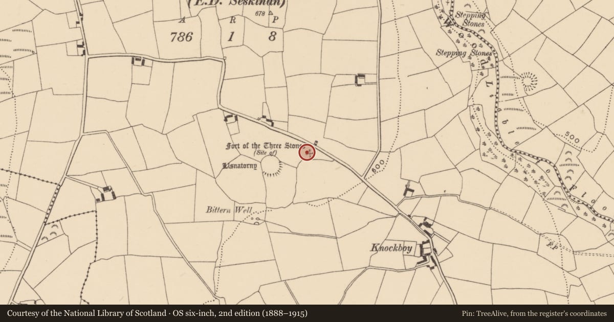 Ordnance Survey six-inch map, 2nd edition (1888–1915) covering the location of Enclosure, Knockboy (Decies without Drum By., Seskinan Par.), County Waterford, with a pin at the register's coordinates