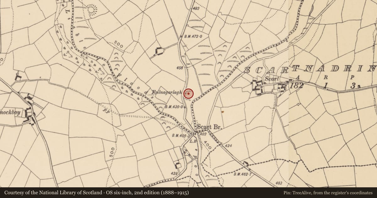 Ordnance Survey six-inch map, 2nd edition (1888–1915) covering the location of Children's burial ground, Bleantasour, County Waterford, with a pin at the register's coordinates