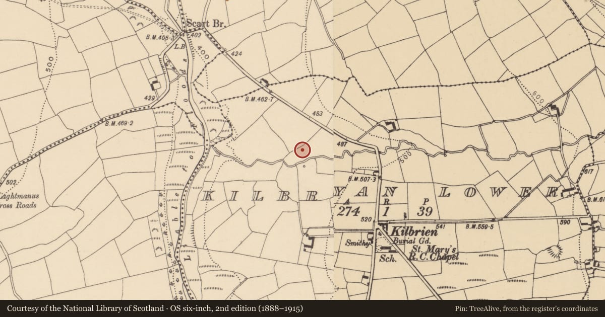 Ordnance Survey six-inch map, 2nd edition (1888–1915) covering the location of Burial ground, Kilbryan Lower, County Waterford, with a pin at the register's coordinates