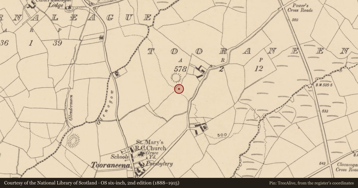 Ordnance Survey six-inch map, 2nd edition (1888–1915) covering the location of Enclosure, Tooraneena, County Waterford, with a pin at the register's coordinates