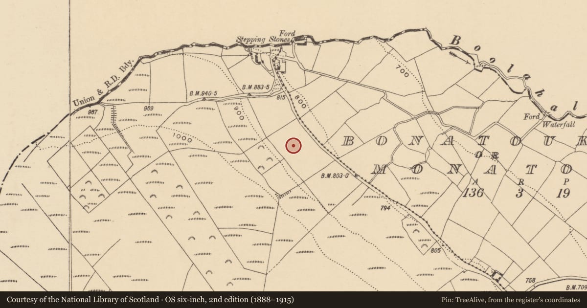 Ordnance Survey six-inch map, 2nd edition (1888–1915) covering the location of Enclosure, Broemountain (Decies without Drum By., Lickoran Par.), County Waterford, with a pin at the register's coordinates