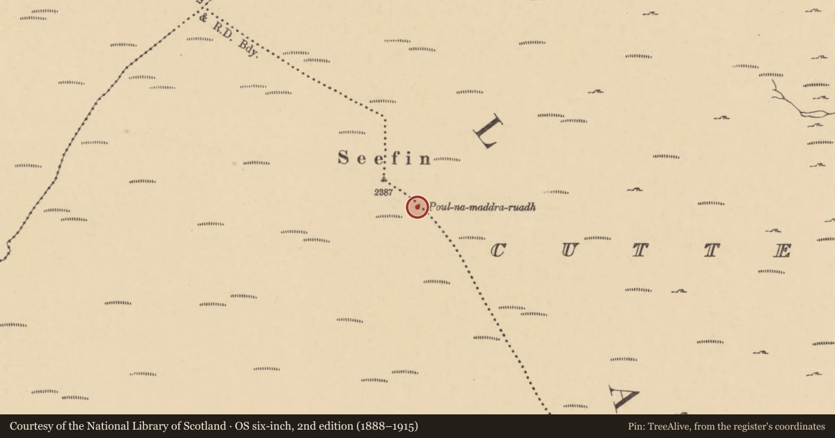 Ordnance Survey six-inch map, 2nd edition (1888–1915) covering the location of Cairn - unclassified, Coumaraglinmountain, Cutteen North, County Waterford, with a pin at the register's coordinates