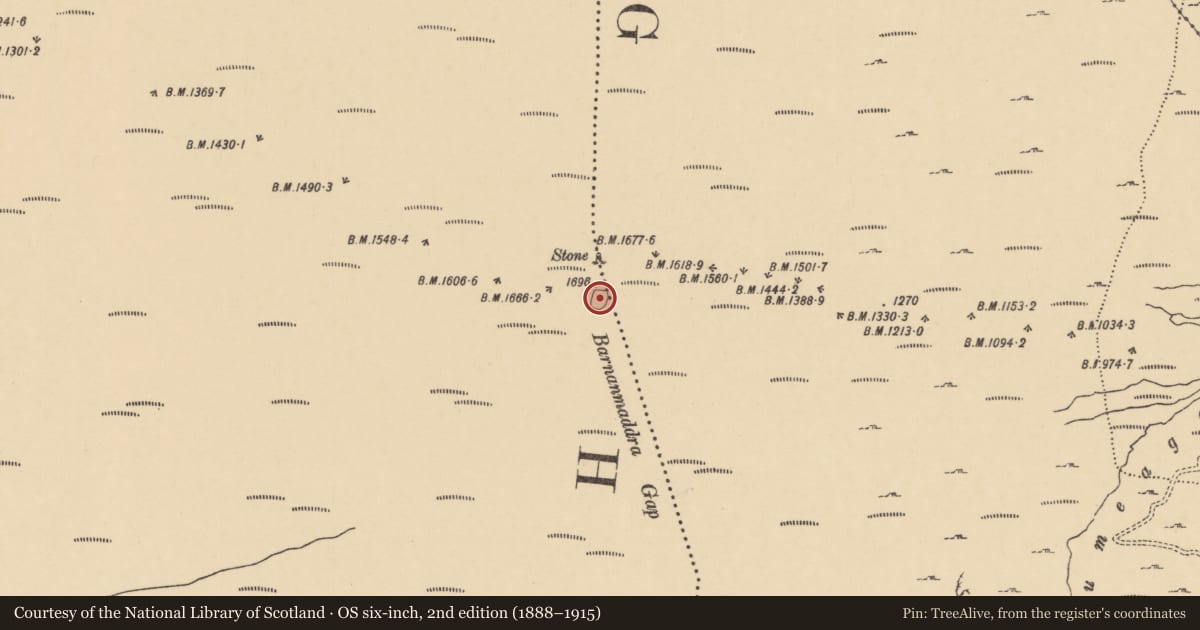 Ordnance Survey six-inch map, 2nd edition (1888–1915) covering the location of Enclosure, Coumaraglinmountain, Cutteen South, County Waterford, with a pin at the register's coordinates