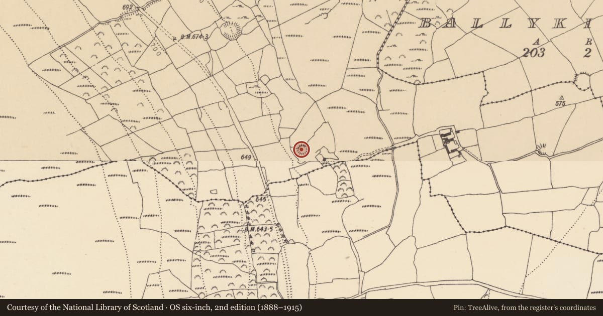 Ordnance Survey six-inch map, 2nd edition (1888–1915) covering the location of Enclosure, Cutteen South, County Waterford, with a pin at the register's coordinates