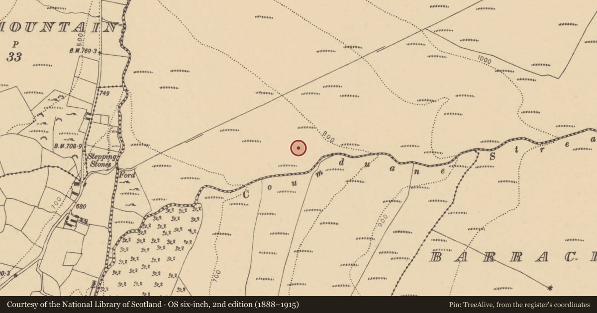 Ordnance Survey six-inch map, 2nd edition (1888–1915) covering the location of Fulacht fia, Carrigbrack, County Waterford, with a pin at the register's coordinates