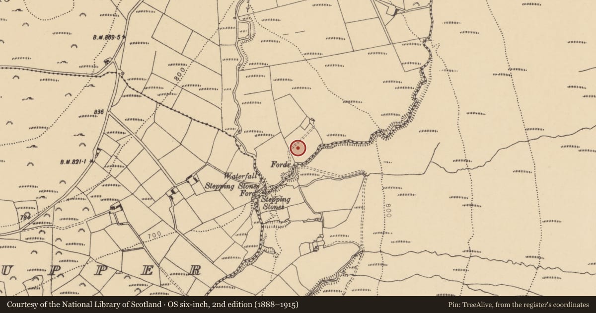 Ordnance Survey six-inch map, 2nd edition (1888–1915) covering the location of Barrow - ring-barrow, Scartnadrinymountain, County Waterford, with a pin at the register's coordinates