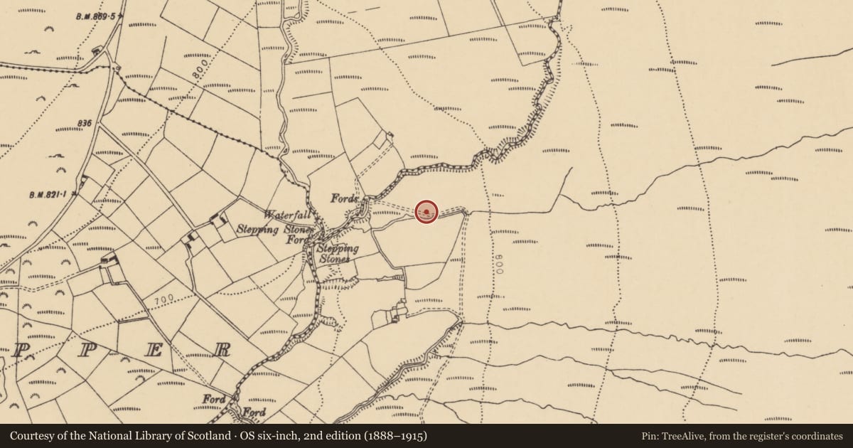Ordnance Survey six-inch map, 2nd edition (1888–1915) covering the location of Barrow - ring-barrow, Coumaraglinmountain, County Waterford, with a pin at the register's coordinates