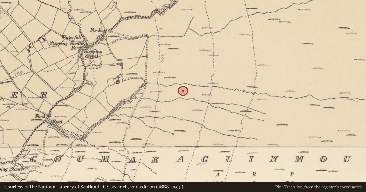 Ordnance Survey six-inch map, 2nd edition (1888–1915) covering the location of Cairn - burial cairn, Coumaraglinmountain, County Waterford, with a pin at the register's coordinates
