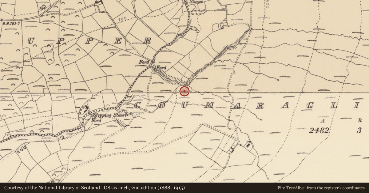 Ordnance Survey six-inch map, 2nd edition (1888–1915) covering the location of Kerb circle, Coumaraglinmountain, County Waterford, with a pin at the register's coordinates