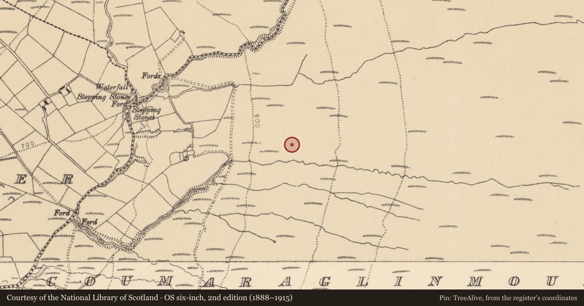 Ordnance Survey six-inch map, 2nd edition (1888–1915) covering the location of Booley hut, Coumaraglinmountain, County Waterford, with a pin at the register's coordinates