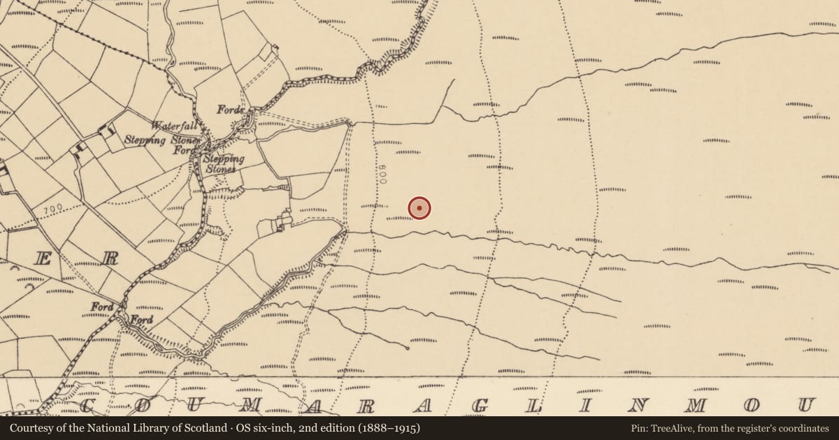 Ordnance Survey six-inch map, 2nd edition (1888–1915) covering the location of Booley hut, Coumaraglinmountain, County Waterford, with a pin at the register's coordinates