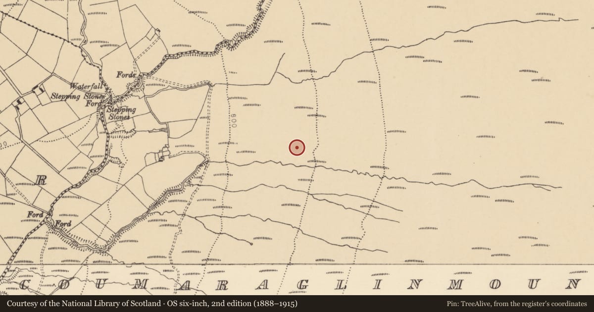 Ordnance Survey six-inch map, 2nd edition (1888–1915) covering the location of Booley hut, Coumaraglinmountain, County Waterford, with a pin at the register's coordinates